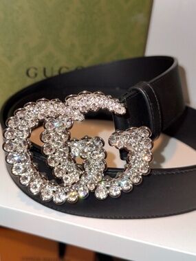 Gucci GG Marmont Crystal Belt Wide Black Leather EU 90 Authentic